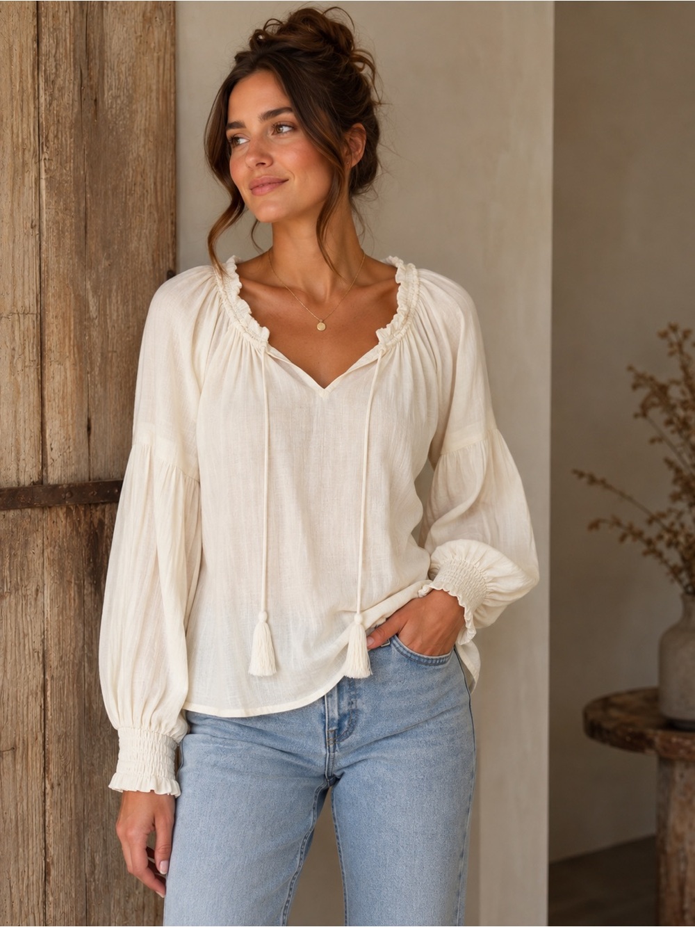lovestitch NWOT Cream Tie-Neck Peasant Blouse